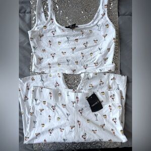 Forever 21 White Two-Piece Crop Top and Shorts with Cocktail Print